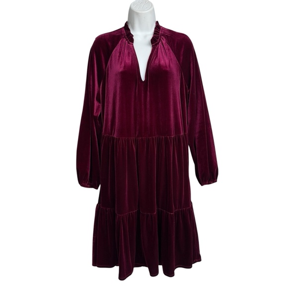CeCe Tiered Velvet Babydoll Dress Women’s Plus 1X Long Sleeve V-Neck burgundy - Picture 1 of 3